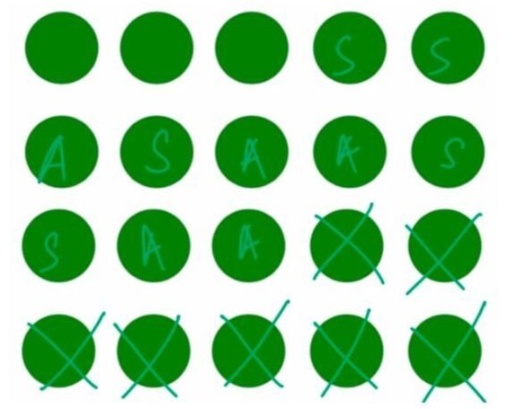 A puzzle grid of green circles, some marked, some crossed out.